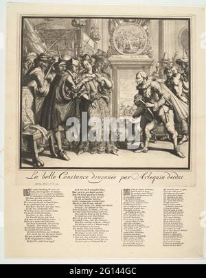 Karikatur zu Ludwig XIV. Und zur Verfolgung der Protestanten in Frankreich, 1689; La Belle Constance Dragonée Par Arlequin Doohat; Karikatur zu Jacobus II. Und Ludwig XIV. Und den Ereignissen in den Jahren 1688-1689. Karikatur auf Ludwig XIV. Und die Verfolgung der Protestanten in Frankreich, 1689. La Belle Constance (die französischen Protestanten), wird das Gericht von Louis XIG, Jesuit und Soldaten gemacht. In der Gruppe rechts mit König Jacobus II. Und der Königin mit dem armen Kind kann sie keine Sicherheit finden. Unter der Show 2 Verse von 2 Spalten jeweils in Niederländisch und Französisch. Stockfoto