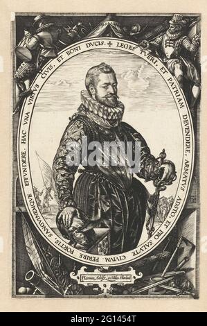 Porträt von Jacques de la Faille. Porträt von Jacques de la Faille (1548-1615), Oberst der Antwerpener Zivilgarde, nach 1584 Kaufmann in Haarlem. Stehend, nach links gedreht, rechte Hand auf Helm gelehnt, linke Hand auf Schwert. Vorname gekleidet. In oval mit einem peripheren. Anhänger des Portraits der Frau Josina Hamels. Stockfoto