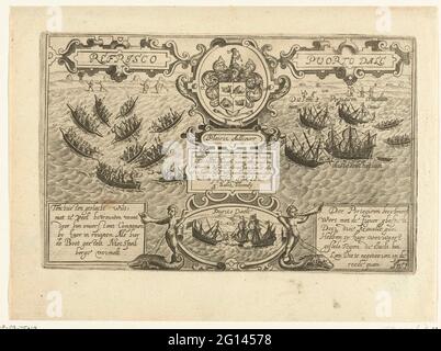 Kämpfe in Rufisque und Portudal; ReFrisco / Puorto Dale. Kampf mit den Portugiesen und der lokalen Bevölkerung in Rusisque und Portudal in Westafrika, Juni 1601. Der Druck ist Simon Parduyn, Bürgermeister von Middelburg, gewidmet, mitten in der Show steht sein Familienwappen mit Motto und Auftrag. Unten links und rechts Kartuschen mit Inschriften auf Niederländisch. Spiegelbild-Kopien der Originalillustrationen von Floris Balthasarsz. Van Berckenrode auf der Reise von Joris van Spilbergen nach Ostindien in den Jahren 1601-1604. Nein 1. Stockfoto