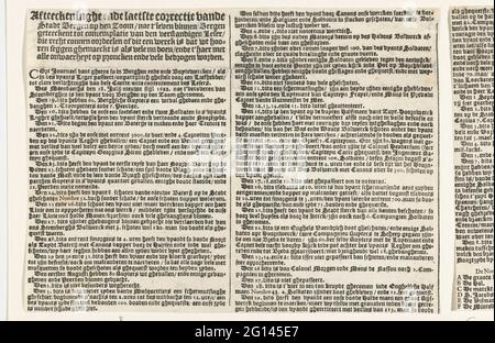 Textblatt im Bild von Bergen op Zoom Belagerung von Spinola, 1622; Afteckeninge und die jüngste Korrektur der Stadtberge auf dem Zoom / Nae t'leven in den Bergen begrüßten die Betrachtung der weisen Lektion (...). Textblatt zum Bild der gescheiterten Belagerung von Bergen op Zoom durch die spanische Armee unter Spinola und Velasco, Juli 18 - Oktober 3 1622. Text in 2 Spalten auf Niederländisch. Stockfoto