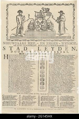 Neujahrswende der Klapperwacht van Leiden für das Jahr 1789; Neujahrseil und Zine Wensch, an die Notaufnahme. Magistraat, Bürger und Einwohner der Stadt Leyden, durch die Klappern, am Jahr unseres Herrn Jezu Christi MDCCLXXIX. Neujahrswende der Klapperwacht von Leiden für das Jahr 1789. Dem Vorstand und den Bürgern von Leiden gewidmet. Der Stadtpflaster von Leiden mit Mitgliedern der Klapperwacht auf beiden Seiten. Auf der Klinge unter der zeigen einen Vers in zwei Spalten, gefolgt von einem Lied in acht Versen. Stockfoto