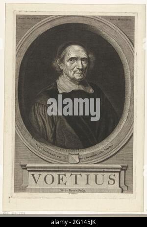 Porträt von gijsbert voet; Footius. Büste des niederländischen Theologen Gijsvbert Voet, oval mit Familienwappen und Motto. Stockfoto