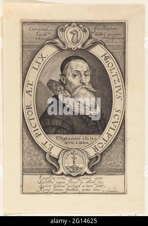 Porträt von Hendrick Goltzius im Alter von 59 Jahren. Der Graveur Hendrick Goltzius (1558-1617) Büste rechts in einer ovalen Liste von Randstreifen. Kalot auf dem Kopf, breiter Faltenkragen. Mit 4 Zeilen lateinischer Beschriftung. Stockfoto