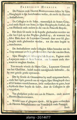 Die Beschreibung der Beerdigung Frederik Hendrik, S. 11; Begreffseis von Syne Hoogheyt Frederick Henrick. Luxuriös kolorierte Ausgabe der Drucke des Trauerzugs von Frederik Hendrik im Jahr 1647. Seite 11 der Beschreibung des Begräbniss von Frederik Hendrik. Blattausschnitt, mit Gold verziert und in der Luxusausgabe aus ca. 1755 des Buches 'Begraijkeisse van Syne Hoogheyt Frederick Henrick' von Pieter Post, 1651 in Amsterdam erschienen. Stockfoto