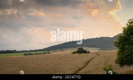 Sowjetischer mittlerer Panzer T-34 85 im Tal des Todes (Udolie smrti) - Kriegsgebiet des Zweiten Weltkriegs (Schlacht am Dukla-Pass). Slowakei - Region Svidnik. Stockfoto