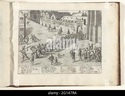 Entdeckung der Sodomie in einem Kloster in Brügge, 1578; Who summing munch in einer is very paired zu Bridge im filtern haben sodomitigsche gottlosigkeit des Closters, der ubbrigkeit angogeben; Series 8: Dutch Events, 1577-1583. Festnahme der Franziskanermönche in einem Kloster in Brügge wegen Sodomie, 18. Mai 1578. Unter der Führung von Soldaten werden die Mönche aus dem Kloster entlassen. Unter ihnen der berüchtigte Bruder Cornelis van Dordrecht. Mit einer Bildunterschrift von 15 Zeilen in deutscher Sprache. Nummeriert: 17. Auf diesem Exemplar wurde der Vers über Sodomie in der Bildunterschrift aufgenommen (wurde). Stockfoto