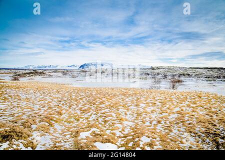 Schöner Panoramablick auf den Thingvellir Nationalpark im Winter, Island. Stockfoto