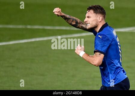 Bologna, Italien. 04. Juni 2021. Ciro Immobile aus Italien feiert, nachdem er während des internationalen Freundschaftsspiels zwischen Italien und Tschechien ein Tor erzielt hat. Kredit: Nicolò Campo/Alamy Live Nachrichten Stockfoto