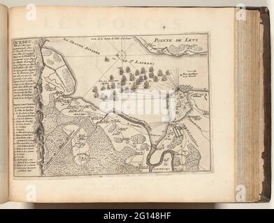 Angriff auf Québec, 1690; Quebec, Ville de l'Amerique Septentrionale, Dance La Nouvelle Frankreich (...); Les Forces de l'Europe, Ou Beschreibung des Principales Villes, Avec Leurs Fortifications: Dessignées PAR LES MEILLEURS Engineers, private Party Celles (...) De La France, dont Les Plans DEVEÉ LEVEZ PAR M. DE VAUBAN. Angriff englischer Schiffe auf die Franzosen in der Stadt Québec, der Angriff ist gefangen, 16-22. Oktober 1690. Karte von Québc und Umgebung mit der englischen Flotte am Saint Lawrencerivier für die Stadt. Teil des fünften Teils (1696) des Bildes, in dem Bündeln die acht Teile sind Stockfoto