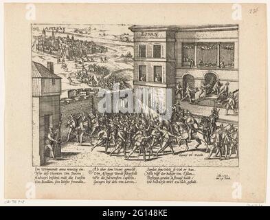 Hochzeit von Turenne und die Aufnahme von Stenay, 1591; Serie 4: Französische, deutsche und englische Ereignisse, 1576-1610. Hochzeit von Henri, Vicomte de Turenne mit Charlotte de la Marck in Sedan und die Aufnahme von Stenay, 27. Oktober 1591. Gesicht im Palast mit den Hochzeitsfeiern, oben links die Truppen nach Astenay. Mit einer Bildunterschrift von 12 Zeilen in deutscher Sprache. Nicht Nummeriert. Blatt aus einem Album, das zerlegt wurde. Oben rechts nummeriert (in Stift): 236. Stockfoto