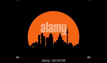 Skyline der Stadt bei Sonnenuntergang. Moderne und klassische Wolkenkratzer, Bäume und ein Fernsehturm. Schwarze Silhouette auf dem Hintergrund des Sonnenuntergangs. Vektorgrafik. Stock Vektor