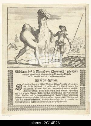 Monstrous camel man, 1690; Abbildung Deß in Irland vom Lemmerich / fangen und von Ihro Königl. MAJ. Von Groß-Britannien Wilhelm den 20. Septemb. Anno 1690. Nach London Sogar Schonden Menschen-Fressers. Menschlich ungeheuerliches Tier, das halb Mensch und halb Kamel ist. Dem Text zufolge wurde das Tier am 20. September 1690 von den Truppen von König Willem III. Nach Limerick gefangen genommen und nach London gebracht. Stockfoto
