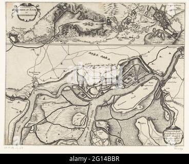 Schansen bei der Belagerung von Bergen op Zoom 1622 und die Schansen an der Schelde 1627; 't Schantzen von Bergen op Zoom und Steenbergen /' t Schantzen der Spaense und Hollandener Aen de Schelde, sowie die Spaenschen Aenslach auf Zeelandt. Blatt mit zwei Vorstellungen. Über den Scans der versagten Belagerung von Bergen op Zoom durch die spanische Armee unter Spinola und Velasco, 18. Juli - 3. Oktober 1622. Unter einer Karte des Fluss- und Bachgebiets zwischen Ooster und Westerschelde mit dem Bau der niederländischen und spanischen Schansen an der Schelde im Jahr 1627, einschließlich der spanischen Chance in Zandvliet. Mit Stockfoto