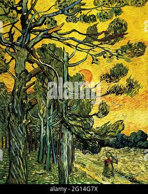 Vincent Van Gogh - Kiefern gegen roten Himmel mit Sonnenuntergang 1889 Stockfoto