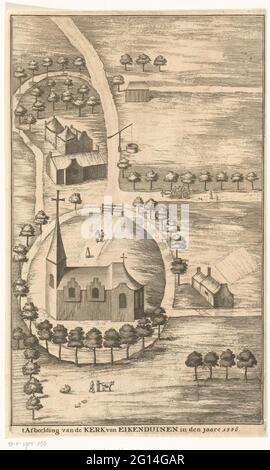 Blick auf die Kirche aus Eiche und Dünen, 1556; T Bild der Kirche von Eikenduinen im Jahr 1556. Blick auf die Kirche aus Eichen und Dünen, ein ehemaliges Dörfchen in den Dünen zwischen Loosduinen und Den Haag, kurz gefasst Perspektive im Jahr 1556. Die Kirche wurde 1580 abgerissen. Stockfoto