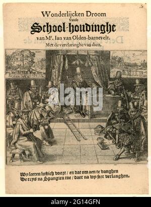 Titeldruck der Broschüre von 1618 mit dem Titel: Wonderlijcken Dream of the School-Houdinghe van Mr. Ian van Olden-Barnevelt; WonderLijcken Dream Vane School-Houdinghe Van Mr. Ian Van Olden-Barnevelt. Titeldruck der Broschüre von 1618 mit dem Titel „Wonderchijcken Dream of the School-Houdinghe van Mr. Ian Van Olden-Barnevelt“. Johan van Oldenbarnevelt als Schulmeister für eine Klasse, in der die wichtigsten Vertreter der Aufrüster und andere Plädoyers der Toleranz sind. Die Personen werden mit Buchstaben definiert, die auf der Rückseite der Klinge erklärt werden. Im Hintergrund Performances von Stockfoto