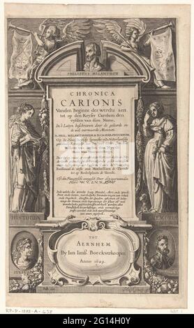 Titelseite Chronica Carionis von P. Melanchthon; Chronica Carionis Vanden beginnt die Welt zum Keyser Carolum. Eine Tafel in einem architektonischen Bilderrahmen erwähnt den Titel des Buches. Auf der Plakette ist eine Porträtbüste von P. Melanchthon zu sehen. Auf beiden Seiten befinden sich die allegorischen Figuren Historia und Memoria auf Steinpodesten. Auf den Koksmedaillons mit den Porträts von Julius Caesar und Kaiser Karel V. Stockfoto