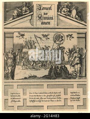 Titelblatt zur Broschüre Toneel der Arminianen, 1618; Theater der Arminianer. Karikatur zu den Aufsehern, 1618. Allegorische Show in Form einer Bühne, in der der Triumphzug während der Fahrt über das Barre-Feld (Oldenbarnevelt) gegen einen goldenen Stock (spinola) zerquetscht wird, wo das Auto gestrandet ist und der Löwe einen Schock bekommen hat. Die niederländische Jungfrau im Auto, der niederländische Löwe mit Lanze und Freiheitshut und der Orangenbaum mit der Waffe von Maurits. Im Vordergrund wird die Bibel sorgfältig wieder aufgenommen. An der Spitze der Fassade sind die Personnifications von Ruhm und Macht, an der Bott Stockfoto