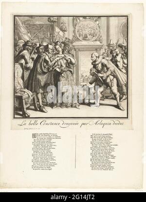 Karikatur zu Ludwig XIV. Und zur Verfolgung der Protestanten in Frankreich, 1689; La Belle Constance Dragonée Par Arlequin Doohat; Karikatur zu Jacobus II. Und Ludwig XIV. Und den Ereignissen in den Jahren 1688-1689. Karikatur auf Ludwig XIV. Und die Verfolgung der Protestanten in Frankreich, 1689. La Belle Constance (die französischen Protestanten) der Hof wird von Ludwig XIV., Jesuit und Soldaten gemacht. In der Gruppe rechts mit König Jacobus II. Und der Königin mit dem armen Kind kann sie keine Sicherheit finden. Unter der Show ein Vers in 2 Kolumnen auf Niederländisch. Stockfoto