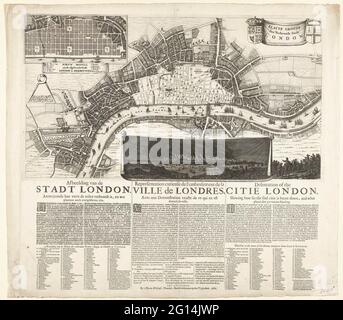 Karte von London nach dem Großbrand von 1666; Wohnung grob die verbrannte Stadt London; Bild der Stadt London. Fragen, wie weit das selbst verbrannt wird, und einige Plasozen noch übrig sind / Darstellung Curieuse de l'Embrasement de la Ville de Londres (...) / Delination of the citition London (...). Karte von London, auf der der Teil der Stadt während des großen Feuers vom 12-15. September 1666 zerstört wurde. Oben links eine Verpflichtung zum Wiederaufbauplan. Am Ende einer Wette mit einem Gesicht auf der brennenden Stadt in der Nacht. Nach unten Texte in 2 Spalten auf Niederländisch, 2 Spalten auf Französisch und 2 Spalten auf Englisch mit einem Stockfoto