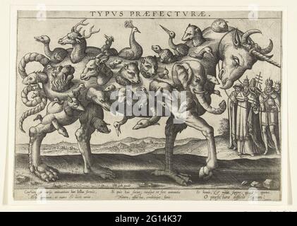 Allegorie auf die Schwierigkeit des Fahrens, 1578; Praefecturae typus. Fantasy Tier aus verschiedenen Elementen und aus denen die Köpfe vieler anderer verschiedener Tiere. Welten und kirchliche Fürsten im Hintergrund. Allegorie von 1578 über die Schwierigkeit, über ein sehr vielfältiges Volk oder Land zu herrschen, wie es in dem Sprichwort beschlossen wurde: 'So viele Menschen, so viele glauben' oder 'so viele Köpfe, so viele Sehenswürdigkeiten'. Stockfoto