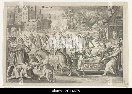 Winter; Vier Jahreszeiten. Winterlandschaft mit Aktivitäten, die in dieser Saison stattfinden: Menschen auf dem Eis Schlittschuh laufen, eine Dame wird in einem Schlitten transportiert und Kinder werfen Schneebälle. Am Rand unter einem Vers in vier lateinischen Zeilen. Stockfoto