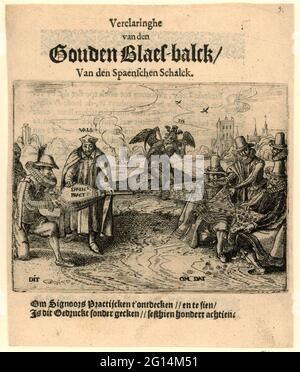 Titeldruck der Broschüre von 1618 mit dem Titel: Declarationhe van den Gouden Blaes-Balck; Declarationhe Van Den Gouden Blaes-Balck / Van Den Spaenschen Schalck. Titeldruck der Broschüre von 1618 mit dem Titel 'Declaringhe van den Gouden Blaes-Balck / van den Spaenschen Schalck'. In der Performance vereinigen sich ein spanier und ein jesuit mit einem Gebläse Gold an Johan van Oldenbarnevelt und ein paar andere. Im Hintergrund schaut die Zeit durch ein Fernglas. Unter dem Druck ein zweibeiniger Vers über 'Signoors Practijcken'. Stockfoto
