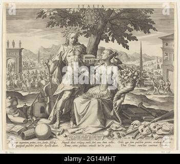 Italien, mit Venus und Apollo; Italien; allegorische Aufführungen europäischer Länder. Eine Allegorie auf Italien. In der Mitte unter einem Baum die Götter Venus (Liebe) und Apollo (Kunst). Venus hat das Füllhorn in den Händen. Die fünf Kronen Italiens schossen auf sie. Apollo mit einer Viola da Gamba (Musik) in der rechten Hand und einem Stapel Bücher in der linken Hand (Poesie). Auf dem Boden Masken, Musikinstrumente, Bücher und andere Objekte für Sport und Spiel. Im Hintergrund links ein triumphaler Einstieg, rechts einige Musiker und ein Pferderennen. Stockfoto
