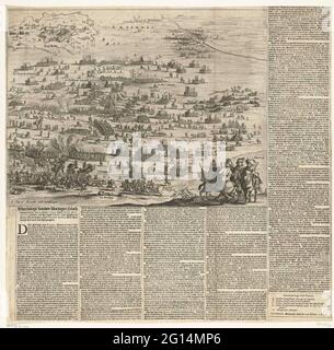 Schlacht von Rocroi, 1643; Blick auf den Vanden Bloeden Slach Halbierte den 19. Mai / 1643 für Rocroy, in den Ardennen, zwischen Den Hertogh Enguien van Wegen de Croon Vranckrijck / Ende Francisco de Melo, Velt-Lord Vande Coninck van Hispagnien. Schlacht von Rocroi in den französischen Ardennen am 19. Mai 1643, bei der die französische Armee unter Ludwig II. Von Bourbon-Condé, der Herzog von Enghien, die spanische Armee unter dem Kommando von Francisco de Melo eine Niederlage erlitt. Präsentation der Schlacht, einige Reiter im Vordergrund. Auf dem Papier um den Druck herum sind 5 Säulen in niederländischer Sprache eingeklemmt. Stockfoto