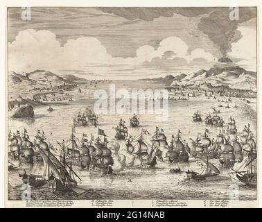 Seeschlacht bei Agosta, 1676; Seeseschlachten Zwischen der Niederlandischen Hispanocia und der Französischen Flotte Bey der Insel Sizilien, in Welcher der Admiral de Ruyter geblieben. Seeschlacht bei Agosta am 22. April 1676 zwischen einer kombinierten holländischen spanischen Flotte unter Michiel de Ruyter und einer französischen Flotte unter Abraham Duquesne. De Ruyter wird in diesem Kampf tödlich verletzt. Im Hintergrund rechts Messina und der Vulkan Ätna. In der Bildunterschrift die Legende A-K auf Deutsch. Stockfoto