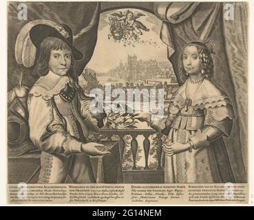 Porträt von Willem II., Prinz von Oranien, und Maria Henrietta Stuart. Portrait von Willem II. Und Maria Henrietta, anlässlich ihrer Aufgebote im Jahr 1641. Maria Henrietta präsentiert Wilhelm II. Einen Laubkranz, in der linken Hand hält sie eine Rose. Knoy-Figuren, die auf einem Balkon mit Vorhängen stehen, im Hintergrund die Gebäude des Binnenhofs und des Vijverbergs. In der Luft florale Putti. Vier Verse von fünf Regeln in Latein und Niederländisch in der Bildunterschrift. Stockfoto