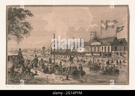 Einweihung der Eisenbahn zwischen Amsterdam und Haarlem, 19. September 1839. Feierliche Einweihung der ersten niederländischen Eisenbahnlinie zwischen Amsterdam und Haarlem der Hollandschen IJzeren Spoorweg-Maatschappij am 19. September 1839. Die Lokomotive mit der Bezeichnung 'The Speed' mit sechs Personenwagen für den Bahnhof D 'One Hundred Roe, in der Mitte des Haarlemmertrafraders, im Vordergrund auf Links. Stockfoto