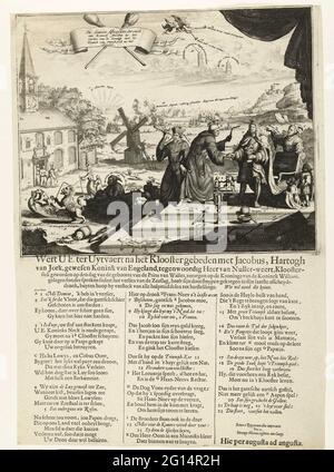Karikatur zu Jacobus II nach dem Verlust am Kap La Hogue, 1692; der letzte AFSCEYDTS Dronck van Koninck Jacobus durch den Verlust der Seeschlacht mit dem Koninck von Vranckyck nach dem Clooster; WORT U.E.E. Ter Uytvaert bete nach dem Kloster mit Jacobus, Hartogh aus Jork, Gewen Koning van England (...). Karikatur auf den englischen König Jacobus II. Nach dem Sieg der Holländer und Engländer über die Franzosen in der Schlacht von Kaap La Hogue im Kanal, 29. Mai bis 3. Juni 1692, und in das Kloster auf seine Absicht zu gehen. Jacobus als Mönch mit gebrochener Krone und geknüpftem Zepter sagt Auf Wiedersehen zu König Ludwig Stockfoto