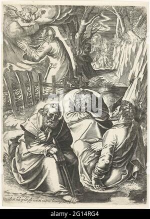 Christus am Hof von Gethsemane. Christus betet auf dem Olivenberg und ein Engel erscheint für ihn und gibt ihm ein Ziel. Drei Schüler, die sich ein wenig weiter schwächen würden, sind eingeschlafen. Im Hintergrund sind alle Soldaten zu sehen, die Christus nehmen wollte. Unter der Show ein frisch aus matt 26. Stockfoto