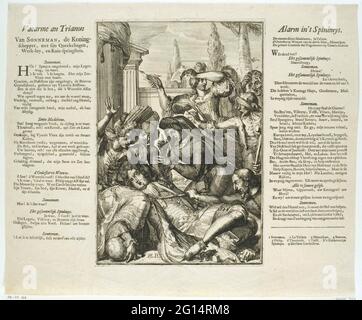 Ludwig XIV. Erkrankt nach dem Essen harter spanischer Noten; Vacaby au trianon; Alarm in Spinhuys. Karikatur auf den französischen König Ludwig XIV., der nach dem Essen zu harten spanischen Noten krank wird. Die maîtesses beugen sich über den König, Gebäude und Bäume im Hintergrund. Auf beiden Seiten der Platte ein Vers von 2 Spalten in Niederländisch. Stockfoto