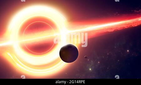 Supermassereiches Schwarzes Loch, Exoplanet und neue Galaxien. Ereignishorizont. Sci-Fi. 3d-Rendering Stockfoto