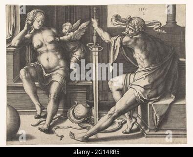 Mars, Venus und Amor. Venus sitzt auf der Couch mit einem Amor neben ihr. Rechts von ihrem marsch, unterstützt ein großes Schwert, Helm und Schild für ihn auf dem Boden. Stockfoto