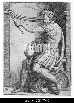 Kaiser mit Krone und Zepter und Globus auf dem Thron in Nische sitzen. Stockfoto