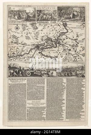 RAID von Hendrik van den Bergh in der Veluwe, 1624; Fixed Avonts Journey; Cort Verhael van des Vyants Tour in der Veluwe / wie teilweise in Groeningerlant 't Jaer 1624. Inval von Graf Hendrik van den Bergh in der Veluwe in einem Teil von Gelderland und Grafschaft Zutphen und der anschließende Flug, 15-23. Februar 1624. Zentral eine Karte aus dem Gebiet um Arnheim und Zutphen, über Darstellungen des Überfalls und Rückzugs aus der spanischen Armee, in der Mitte Mord und Feuer durch die Spanier verursacht. Am unteren Ende 'die Reise der Batavieren', die Beschleunigung von Soldaten und Zivilisten, um den Spanier zu vertreiben Stockfoto