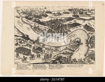 Parma überquert die seine in Caudebec, 1592; Serie 4: Französische, deutsche und englische Veranstaltungen, 1576-1610. Die Armee des Herzogs von Parma hält sich auf Flößen in Caudebec de seine auf, 10. Mai 1592. Direkt zwischen Rouen und König Hendrik IV Mit einer Bildunterschrift von 12 Zeilen auf Deutsch und 2 Regeln auf Französisch. Nicht Nummeriert. Blatt aus einem Album, das zerlegt wurde. Rechts oben (in Stift): 24 (.). Stockfoto