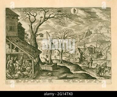 Januar: Joseph wird von einem Engel gewarnt; Emblemata Evangelica. In der Mitte des Tierkreiszeichens. Waterman. Im linken Bereich liegt der Stall, in dem Joseph und seine Familie schlafen. Joseph wird von einem Engel geweckt und vor den Plänen des herodes gewarnt. Die Familie geht in der unteren rechten Ecke nach Ägypten. Überwintert Hügelblätter im Hintergrund. Unter der Show vier Zeilen von Latein in zwei Spalten (matt. L 2, S. Der Druck ist Teil eines Albums. Stockfoto