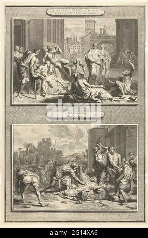 Petrus heilt krank / steil von Stephanus. Zwei Darstellungen einer Platte. Über der Präsentation von Petrus, der die Kranken auf der Straße mit seinem Schatten heilt. Unter dem Steilhang von Stephanus. In der oberen rechten Ecke die römische Zahl III, in der linken Unterecke die arabische Zahl 56. Vor jedem Druck der Titel auf Niederländisch und Französisch. Stockfoto