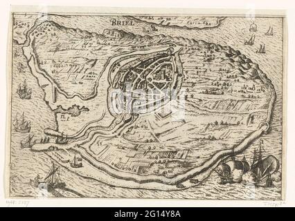 Karte der Insel Allow und Karte von Brielle, 1572; Briel. Karte der Insel Voorne mit einer Karte der Brielle, die von den Wassergänsen am 1. April 1572 getragen wurde, in einer kurzen Perspektive. Unten links ein Fischerboot, unten rechts zwei Kriegsschiffe. Stockfoto