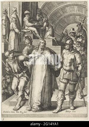 Christus für Pilatus; Passion Christi. Christus wird zu Pontius Pilatus vorgeleitet. Er lässt Christus los und wäscht seine Hände in Unschuld. Druck aus einer Serie von 13 Prints und einem Titeldruck, hergestellt von z. Dolendo und J. de Gheyn II. Stockfoto