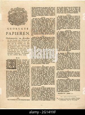 Verordnung über einen Impost auf gedruckten Papieren, 1750; gedruckte Papiere. Verordnung, nach der in der LANDE von Holland und Westvriesland (...) VON Collecte Sal wurde gehalten, der Vorposten auf der Soo Inlandsche als Uytheemsche dort durch berichtete gedruckte Papiere: Integriert auf der ersten MEY 1750. Textblatt mit der Bekanntgabe der Verordnung über einen Impost auf in- und ausländischen Druckpapieren, eingetragen am 1. Mai 1750. Text mit den elf Elementen in drei Spalten. An der Spitze einer Vignette mit dem niederländischen Löwen im niederländischen Garten mit den Waffen von Holland und Westfriesland. Stockfoto