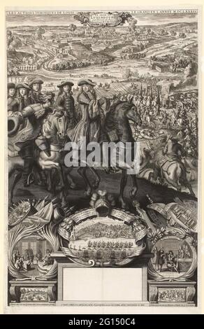 Unter Luxemburg durch die Franzosen, 1684; LES ACTIONS HERIQUES DE LOUIS LE Grand und L Année MDCLXXXIV / La Pry de Luxembourg Par l'Armée du Roy, Commandée Par. Le Ma.al de Crequi Le 4 Juin 1684. Eroberung Luxemburgs durch die französische Armee unter Marschall François de Créquy und dem Marquis de Vauban am 4. Juni 1684. Blick auf die Belagerung der Stadt, im Vordergrund der französische Marschall und andere Kommandanten von Pferd. Am Ende der kleineren Szenen, mit O.A. Die Bombardierung von Genua vom 17-28. Juni. Am unteren Rand einer offenen Kartusche für ein Kalenderblatt für das Jahr 1685. Zwei Klingen stecken zusammen Stockfoto