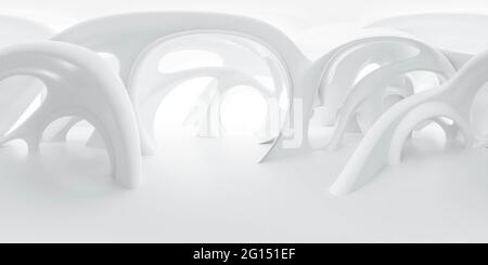 Vollständige 360-Panorama-Ansicht der modernen leeren weißen organischen Form Gebäude Umgebung 3d Rendering Illustration hdri hdr vr Stil Stockfoto