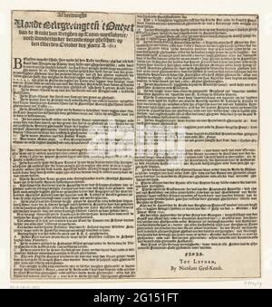 Textblatt zu einem (fehlenden) Bild der Belagerung von Bergen op Zoom durch Spinola, 1622; Imagehe Vande Belagerung und [De] 't Degnement der Stadt van Berghen op Zoom / Noyt Subyter / weder Wonderlijcker Change gheschiet / am 2. Oktober des Jaers A. 1622. Textblatt eines (fehlenden) Abdrucks der gescheiterten Belagerung von Bergen Op Zoom durch die spanische Armee unter Spinola und Velasco, Juli 18 - Oktober 3 1622. Text in 2 Spalten auf Niederländisch. Stockfoto