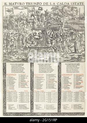 Der Sommer; Il Maturo Trionfo de la Calda Estate; die Triumphe der vier Jahreszeiten. Eines von vier Rotorblättern eines Kalenders. Triumph-Tour des Sommers: Ceres in einem Triumphzug von vier Vögeln, begleitet von verschiedenen Personen und Personenfiguren. Im Hintergrund Ernte. Die Monate Juni, Juli und August, dargestellt durch Flaggen mit den Sternbildern. Unter dem Bildkalender der drei Sommermonate. Stockfoto