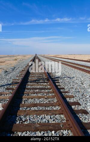 Eisenbahnschienen verschwinden in der Wüste zum Horizont Stockfoto